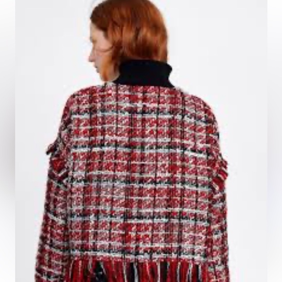 ZARA Multi-Colored Red Black White Tweed Fringe Mock Neck Crop Party Sweater XS - Picture 5 of 11